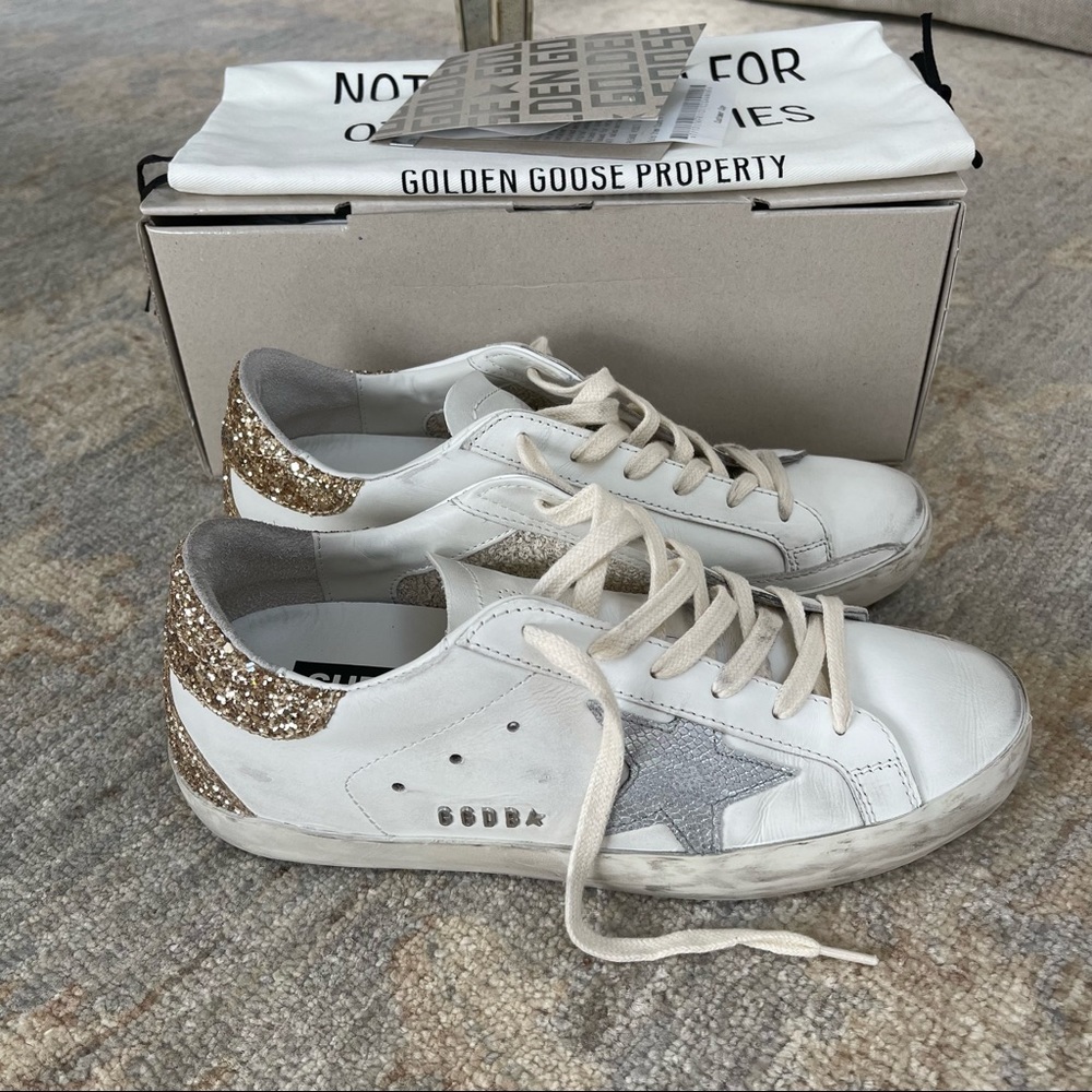Golden Goose White Sneakers with Gold Glitter Heel and Silver Star - Picture 3 of 13